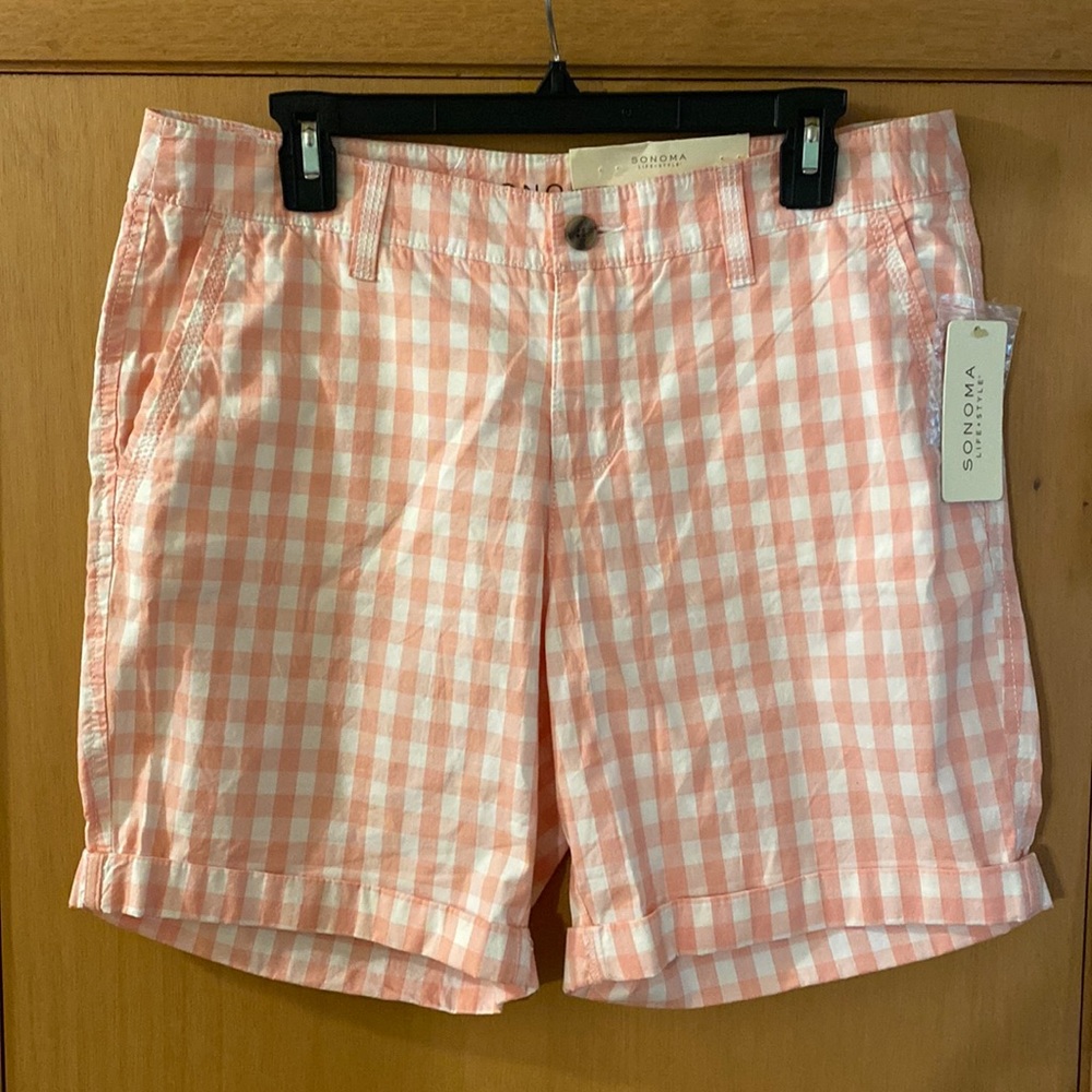 Sonoma Kohls Modern Fit Broken In Gingham Chino Shorts Pink White Size 12